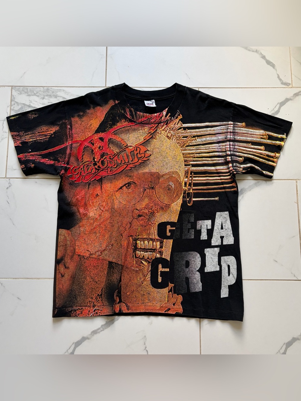 Vintage 1993 Aerosmith Get a Grip All Over Print T Shirt Tee Size L Black Orange